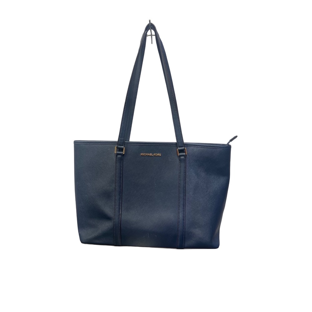 Michael Kors Navy Blue Saffiano‎ Leather Zip Top Tote Bag Gold Hardware